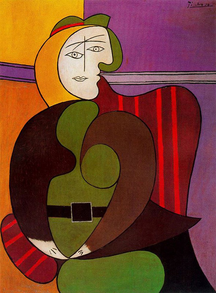 赤い肘掛け椅子に座ったピカソの女性の複製絵画
